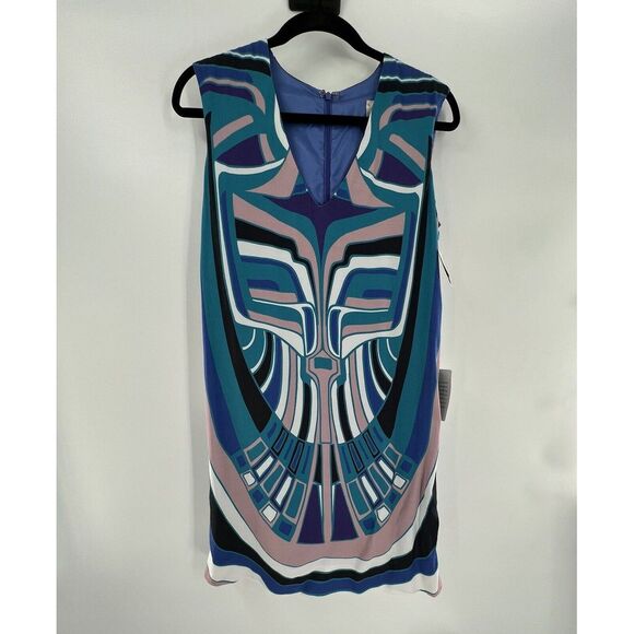 P Nicole Miller Artelier Blue Tribal Geometric Print Mini Sheath Dress Sz Petite - Picture 15 of 16